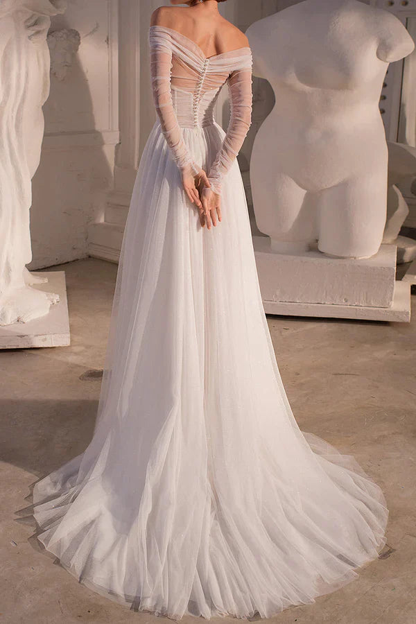 Luolandi A line strapless pearl long sleeved trailing beach wedding dress Off Shoulder Beautiful